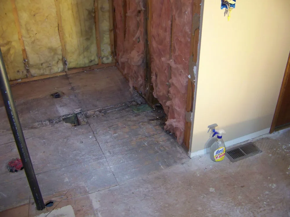 Before — Master bathroom toilet/floor area. Before: subfloor torn up, pink/yellow insulation in walls, water damage visible. After: full bathroom with toilet, knotty alder cabinets, tile floor, recessed lighting, sauna door.